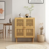 4-Doors Rattan Mesh Storage Cabinet, Shoe Cabinet with Eight Storage Spaces, for Entryway, Living Room, Hallway (Natural)