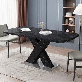 Square Dining Table, Stretchable, Printed Black Marble Table Top+MDF X-Shape Table Leg with Metal Base