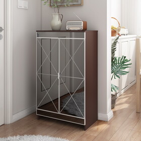 Elegant Decor Mirrored Cabinet with Silver Edging,Mirrored Cabinet with Double Door Storage,Shoe Storage Cabinet for Entryway,Glass+Brown Finish W760P196538