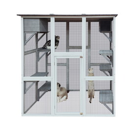 Wooden Catio Outdoor Cat Enclosure, 71" Outdoor Cat House Weatherproof asphalt Roof, Large Solid Wood Cat Cage Playpen with 8 Jumping Platforms & 2 Napping Houses, Walk-in Cat Kennel Condo Shelter