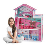 Wooden Dollhouse with Furniture 4-Rooms, with 18 pcs Furniture & Accessories W78641796
