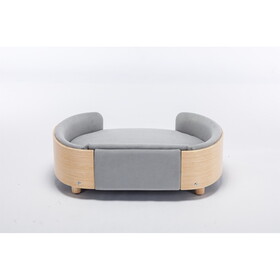 Scandinavian style Elevated Dog Bed Pet Sofa with Solid Wood legs and Bent Wood Back, Velvet Cushion,Mid Size Light Grey