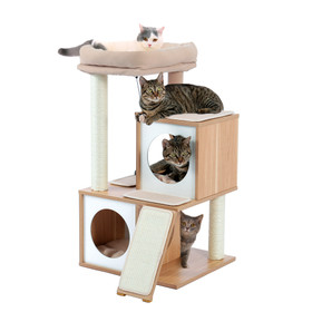 Cat Tree Wood Cool Sisal Scratching Post Kitten Furniture Plush Condo Playhouse with Dangling Toys Cats Activity Centre Beige W79634091