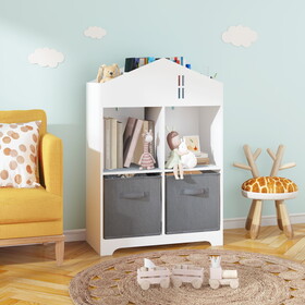 Kids Dollhouse Bookcase with Storage, 2-Tier Storage Display Organizer, Toddler Bookshelf with 2 Collapsible Fabric Drawers for Bedroom or Playroom (White/Gray) W808122614
