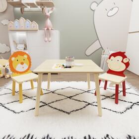 Kids Table and 2 Chairs Set, 3 Pieces Toddler Table and Chair Set, Wooden Activity Play Table Set (Lion&Monkey)