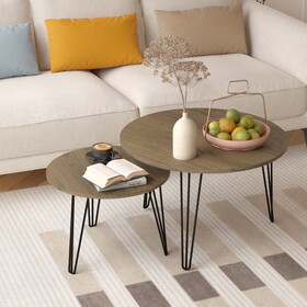 27.56" Round Nesting Coffee Table Set of 2, Circular Nesting End Table Set, Round Wooden Tabletop, and Sturdy Metal Base for Living Room, bedroom, Brown W808P176732