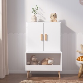 Kids Toy Storage Cabinet with Doors and Open Shelf, White Modern Wooden Organizer with Natural Wood Legs, Toddler Bookshelf for Playroom, Nursery, Bedroom W808P298018