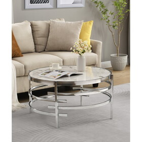 32.48" Chrome Round Coffee Table with Sintered Stone Top&Sturdy Metal Frame, Modern Coffee Table for Living Room, Silver W821115001