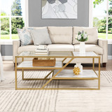 Golden Coffee Table with Storage Shelf, Tempered Glass Coffee Table with Metal Frame for Living Room&Bedroom W82151003