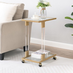 Golden Side Table, Acrylic Sofa Table, Glass Top C Shape Square Table with Metal Base for Living Room, Bedroom, Balcony Home and Office W82153574