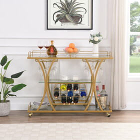 Golden Bar Cart with Wine Rack Tempered Glass Metal Frame Wine Storage W821P184472