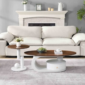 Luxury Nesting Coffee Table Set of 2, Tables with Storage for Living Room, Oval and Round Table Set, White Center Table, Cocktail Table, Side Table, Large 47.24", Small 19.69" W821S00026