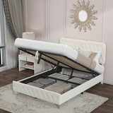 Full Platform Bed Frame with pneumatic hydraulic function, Velvet Upholstered Bed with Deep Tufted Buttons, Lift up storage bed with Hidden Underbed Oversized Storage, BEIGE