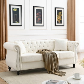 [Video] 80" Chesterfield Sofa Teddy White for Living Room, 3 Seater Sofa Tufted Couch with Rolled Arms and Nailhead for Living Room, Bedroom, Office, Apartment, Two Pillows
