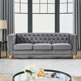 Velvet Sofa for Living Room,Buttons Tufted Square Arm Couch, Modern Couch Upholstered Button and Metal Legs, Sofa Couch for Bedroom, Grey Velvet
