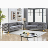 Velvet Sofa for Living Room,Buttons Tufted Square Arm Couch, Modern Couch Upholstered Button and Metal Legs, Sofa Couch for Bedroom, Grey Velvet .2PCS W834S00121