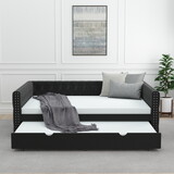 Daybed with Trundle Velvet Upholstered Tufted Sofa Bed, with Button and Copper Nail onSquare Arms,Full Daybed & Twin Trundle- for Bedroom, Living Room, Guest Room,(83