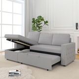 85 inches Sofa Bed, 3 Seater Sleeper Sofa with Storage Chaise, Square Handrail with Pull and Copper nail,Chenille-Light Grey, Pull Out Couch for Living Room