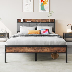 Full Size Bed Frame, Storage Headboard with Charging Station, Solid and Stable, Noise Free, No Box Spring Needed, Easy assembly,Vintage Brown and Gray