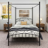 Metal Canopy Bed Frame with Ornate European Style Headboard & Footboard Sturdy Steel Holds 600lbs Perfectly Fits Your Mattress Easy DIY assembly All Parts Included, Full Black W84034155