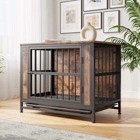 Dog Crate Furniture, Wooden Dog Crate Table, 32.8" Dog Kennel with 2 Sliding Doors and Thick Iron Door Frame, Decorative Pet Crate House for Medium/Small Dog Indoor Use(Rustic Brown)