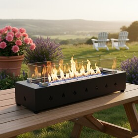 28-inch Rectangle Fire Pit, 40000BTU Outdoor Propane Fire Pit, Wind-Resistant Firepits, Durable Iron Stylish Glass Beads Design W853P366687