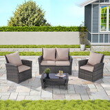 4 Pieces Outdoor Patio Furniture Sets Garden Rattan Chair Wicker Set, Poolside Lawn Chairs with Tempered Glass Coffee Table Porch Furniture, Gray Rattan + sand color Cushion W874P146980