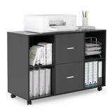 2 Drawer Wooden Horizontal Filing Cabinet with 4 Open Storage Shelves, Black Oak Dark Gray W87638207