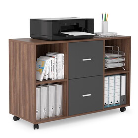 Mobile filing cabinet with 2 drawers and 4 open storage cabinets, Walnut-dark gray
