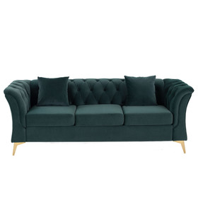 Chesterfield Curved Sofa Tufted Velvet Couch 3 Seat Button Tufed Loveseat with Scroll Arms and Gold Metal Legs for Living Room Bedroom Green W876S00023