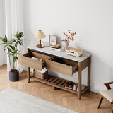 47 inch Modern Farmhouse Double Drawers Console Table for Living Room or Entryway, Tobacco Wood and White Marble Texture
