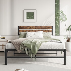 Full Size Platform Bed Frame with Rustic Vintage Wood Headboard, Strong Metal Slats Support Mattress Foundation, No Box Spring Needed Rustic Brown