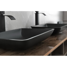 14.38" L -22.25" W -4-3/8 in. H Matte Shell Glass Rectangular Vessel Bathroom Sink in Black with Faucet and Pop-Up Drain in Matte Black W928101026