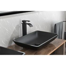 14.38" L -22.25" W -4-3/8 in. H Matte Shell Glass Rectangular Vessel Bathroom Sink in Black with Faucet and Pop-Up Drain in Matte Black W928101030