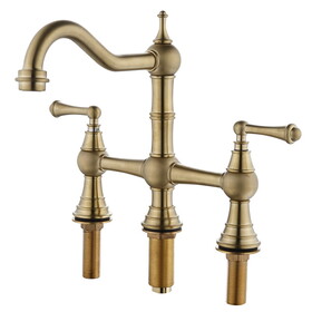 8 inch Centerset Bridge Kitchen Faucet with Brass Side Sprayer 2 Handles 4 Holes Antique Classic Heritage Deck-Mount Kitchen Sink Faucet W928111605