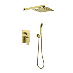 Brushed Gold Shower System, Bathroom 10 inches Rain Shower Head with Handheld Combo Set, Wall Mounted High Pressure Rainfall Dual Shower Head System, Shower Faucet Set with Valve and Trim W928115309