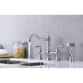Bridge Dual Handles Kitchen Faucet with Pull-Out Side Spray in W92864164