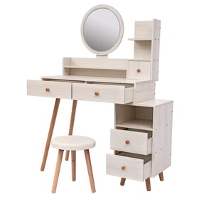 CRAZY ELF Stylish Vanity Table + Cushioned Stool, Touch Control LED Mirror, Large Capacity Storage Cabinet, 5 Drawers, Length Adjustable(L31.5"-43.2"x W15.8" x H48.1") W936110479