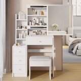Small Space Left Bedside Cabinet Vanity Table + Cushioned Stool, Extra Large Right sliding mirror, Multi Layer High Capacity Storage, Practical Fashionable Dresser, Suitable for Girls up to 5.6ft Tall