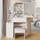 Small Space Left Bedside Cabinet Vanity Table + Cushioned Stool, Extra Large Right sliding mirror, Multi Layer High Capacity Storage, Fashionable Dresser, for Girls up to 5.6ft Tall W936P176297