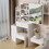 Small Space Left Bedside Cabinet Vanity Table + Cushioned Stool, Extra Large Right sliding mirror, Multi Layer High Capacity Storage, Fashionable Dresser, for Girls up to 5.6ft Tall W936P176297