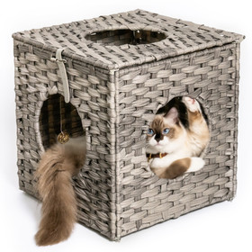 Rattan Cat Litter, Cat Bed with Rattan Ball and Cushion, Grey W97946276