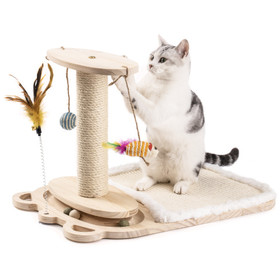 Cat Toy 1-Layer Turntable Cat Ball Toy with Feather Stick, Interactive Cat Toy with 5 Interactive Balls, Cat Scratching Post with Mat W97953774