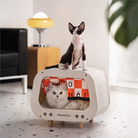 Classic Wooden TV-Shaped Cat Bed, Cat House with Cushion, White W97958409