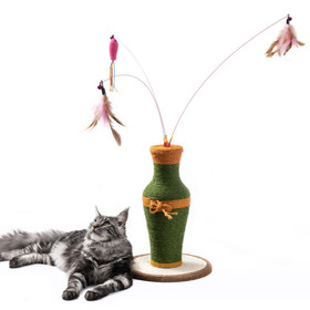 Vintage Vase-Shaped Cat Scratching Post with 3 Feather Toys W97958442