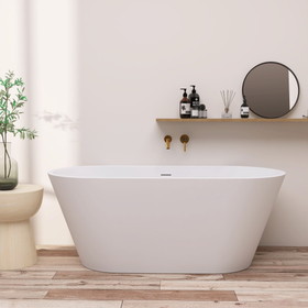 59" Acrylic Freestanding Bathtub, Gracefully Shaped Freestanding Soaking Bathtub with Brushed Nickel Drain & Minimalist Linear Design Overflow White W995122362