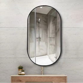 Wall Mounted Mirror 36"x18" Oval Bathroom Mirror Black Vanity Wall Mirror Stainless Steel Metal Frame Pre-Set Hooks for Vertical or Horizontal Hang Ideal for Bedroom,Bathroom W99570950