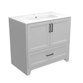 Solid Wood 36 inch Bathroom Vanity with Single Sink Combo, Modern Vanity Cabinet with 2 Soft Closing Doors & 1 Full Extension Dovetail Drawer (Light Grey) W995S00091