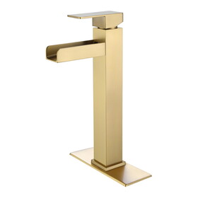 Square raised single hole single handle Waterfall Bath basin Faucet with Brushed Gold W997125729