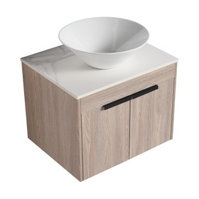 24" Float Bathroom Vanity with Ceramic Basin Set, Wall Mounted White Oak Vanity with Soft Close Door, KD-Packing,, 2 Pieces Parcel (TOP-BAB217MOWH)